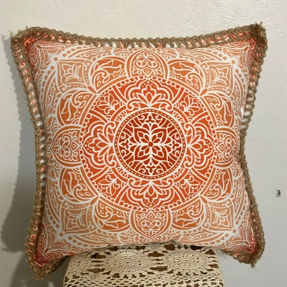 Mandala Patterned reversible Orange and yellow Throw Pillow with jute trim
